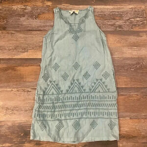 C&C California Women’s Linen Tunic Dress XS Turquoise Blue Pockets Embroidery